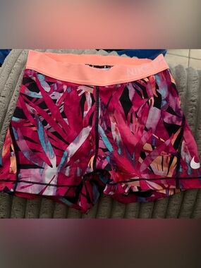 Nike Women's Hot Pink Tropical Print Bike Shorts with Coral Waistband